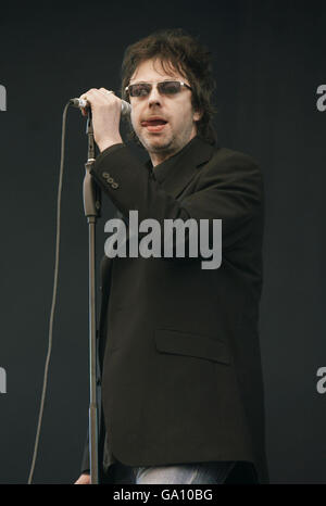 Echo and the Bunnymen lead singer Ian McCulloch performs at the Isle of Wight Festival in Seaclose Park, Isle of Wight. Stock Photo