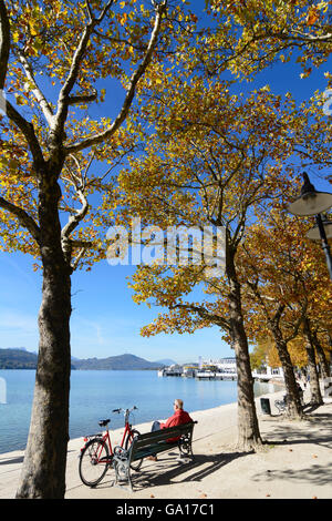 lake Wörthersee, floating stage with a view to the observation tower at the Pyramidenkogel, Klagenfurt am Wörthersee, Austria, K Stock Photo