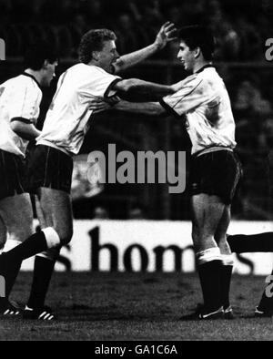 Soccer - Barclays League Division One - Derby County v Chelsea - Baseball Ground. Derby's Steve Cross (left) is congratulated on scoring the first goal by team mate Nigel Callaghan. 22/11/1987 Stock Photo