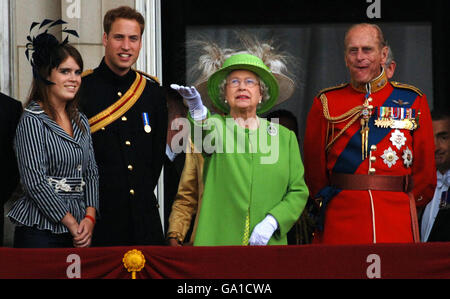 Britain's Queen Elizabeth II (centre) on the balcony of Buckingham Palace, London, with other members of the Royal Family, (from left) Princess Eugenie, Prince William and the Duke of Edinburgh, for the Trooping the Colour ceremony which marks the Queen's official birthday. Stock Photo