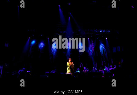 Bjork performs on the Other stage at the 2007 Glastonbury Festival at Worthy Farm in Pilton, Somerset. Stock Photo