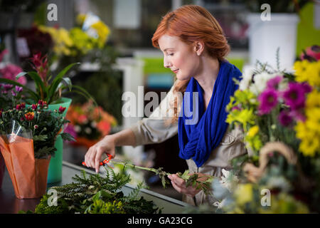 Female florist trimming flower stem Stock Photo