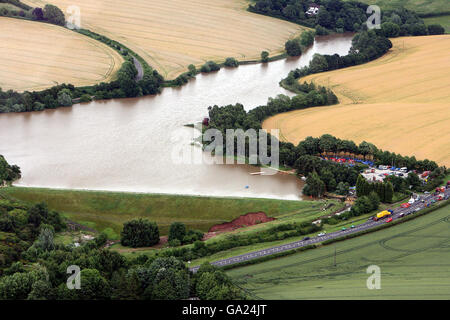 Aerial view of Ulley Reservoir after two days of heavy rain which caused floods in Yorkshire. Stock Photo