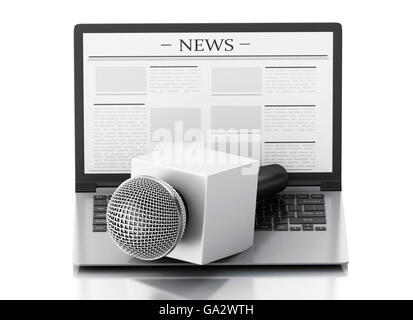 3d renderer image. News microphone and laptop with news article. Isolated white background. Stock Photo