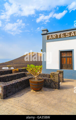 LA GERIA, LANZAROTE ISLAND - JAN 11, 2015: Terrace of winery in La Geria, Lanzarote, Canary Islands, Spain. Stock Photo