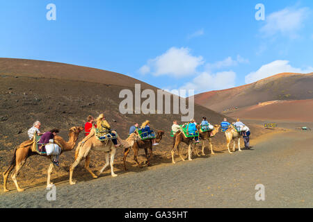 TIMANFAYA NATIONAL PARK, LANZAROTE ISLAND - JAN 14, 2015: Caravan of camels with tourists in Timanfaya National Park. Camel trek is popular attraction on Lanzarote island. Stock Photo