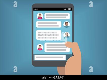 Mobile instant messaging concept with hand holding smart phone or tablet as vector illustration Stock Vector