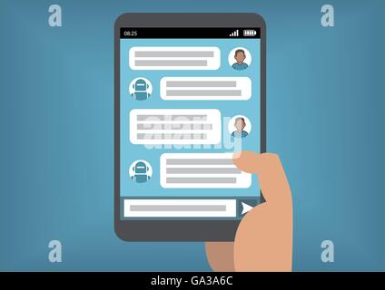 Man communicating with chat bot via instant messenger as an example of artificial intelligence Stock Vector
