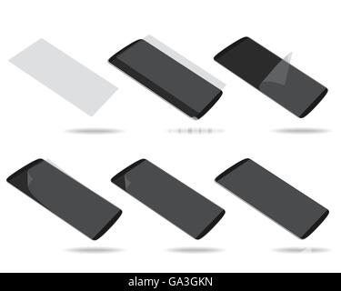 Black smartphones display with protector glass set different foreshortening. Vector illustration. EPS 10. No gradients. Raw mate Stock Vector
