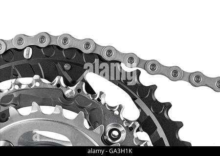 close-up of bicycle crank set with chain isolated on white background Stock Photo