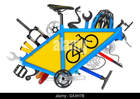 bicycle frame with parts and road sign symbol isolated on white background Stock Photo