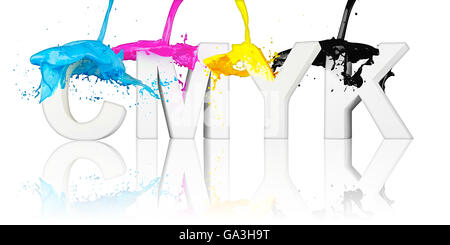 CMYK paint splash on letters isolated on white background Stock Photo