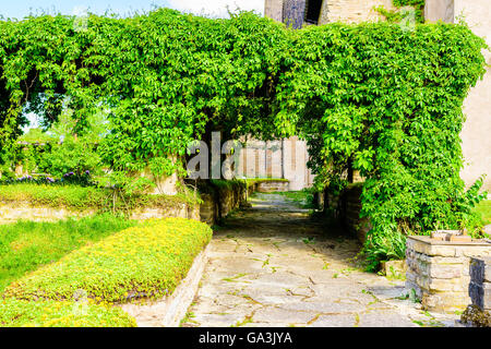 Vreta, Sweden - June 20, 2016: The cloister garth or abbey garden with overgrown walkways. A publicly open historic attraction Stock Photo