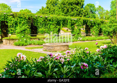 Vreta, Sweden - June 20, 2016: The cloister garth or abbey garden with overgrown walkways. A publicly open historic attraction Stock Photo