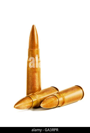 Three 7.62x39mm Old Assault Rifle Bullets Isolated on White Background Stock Photo