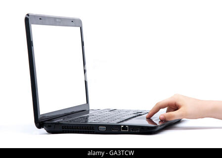 Hand Using Laptop Touchpad Isolated on White Background Stock Photo