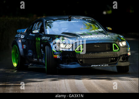 Vaughn Gittin Jnr drives a Ford Mustang RTR up the hill at the Goodwood Festival of Speed 2016 Stock Photo