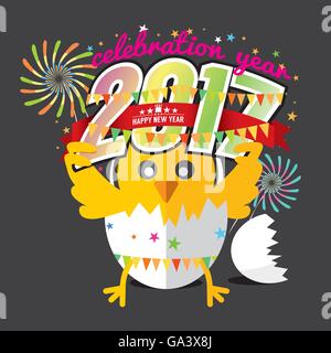 Cute Chick Celebrating 2017 With Colorful Firework Vector Illustration Stock Vector