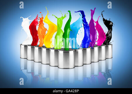 colorful rainbow color dose splash collage on blue background Stock Photo