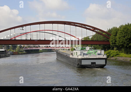 Ship on Rhine-Herne Canal, Essen, Ruhr area, North Rhine-Westfalia, Germany Stock Photo