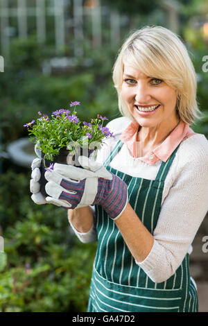 Happy mature female gardener holding potted flowers Stock Photo