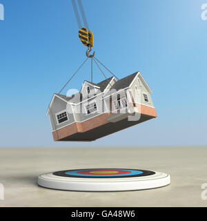 Moving  home. Crane with house and target. Change of residence. Real estate concept. 3d illustration Stock Photo