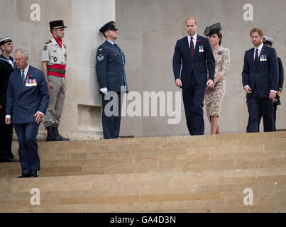 Britain's Princes William and Harry with Catherine, Duchess of Cambridge and Prince Charles, the Prince of Wales, attend the 100th anniversary of the start of the Battle of the Somme at Theipval in northern France. Stock Photo