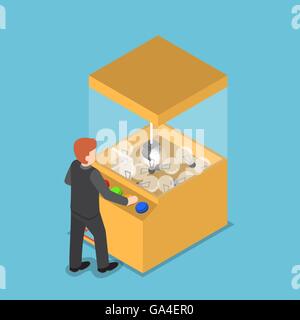 Isometric businessman getting glowing light bulb from claw game machine, business idea concept Stock Vector