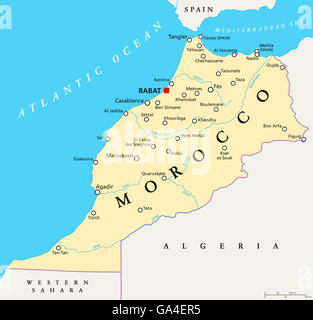 Morocco political map with capital Rabat, national borders, important cities and rivers. Illustration with English labeling. Stock Photo