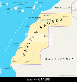 Western Sahara political map with capital Laayoune, national borders, important places and rivers. English labeling. Stock Photo