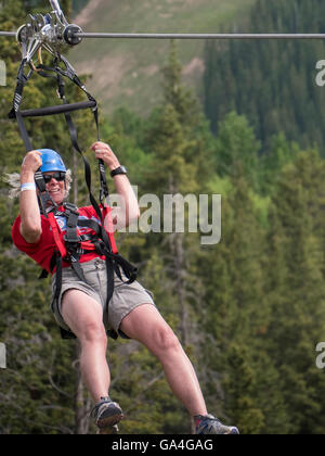 Game Creek Aerial Adventure Canopy Tour zipline, Epic Discovery center at Eagle's Nest, Vail Ski Resort, Vail, Colorado. Stock Photo
