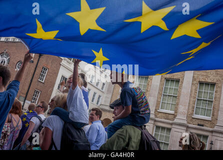 Thousands of British voters march through London to protest against the referendum decision to leave the EU (Brexit) on 2nd July 2016, in London UK. Demonstrators at the 'March for Europe' rally, which was organised on social media walked from Park Lane into the heart of the UK government in Westminster to send a message of dissatisfaction in the referendum result. More than 46.5 million people voted in the referendum on 23 June, which resulted in the UK voting by 51.9% to 49.1% to withdraw from the EU. Stock Photo