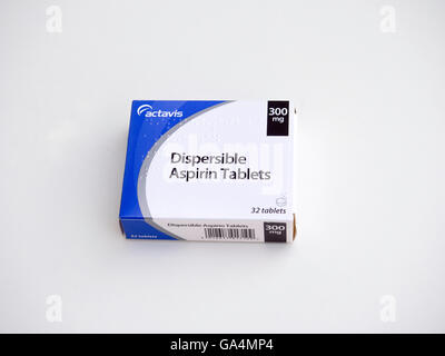 A box of 32 300mg Dispersible Aspirin Tablets with Braille label on the box Stock Photo