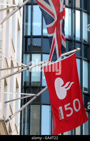 View of a flag bearing the Santander logo outside Santander House in central London. Stock Photo