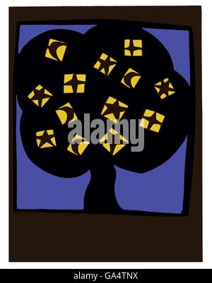 Paper cut artwork of a tree with moons and stars as fruits. Stock Vector