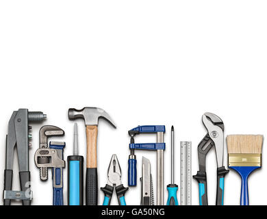 Various carpentry, repairing, DIY tools on white background Stock Photo