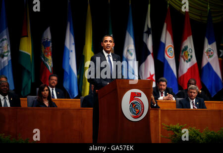 US President Barack Obama speaks during Fifth Summit of the Americas conference at Hyatt Regency Trinidad. Stock Photo