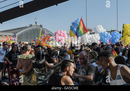 Madrid, Spain, 2nd July 2016.  A group in Atocha street waiting the start of Gay Pride Parade, Madrid, Spain. Enrique Davó/Alamy Live News. Stock Photo