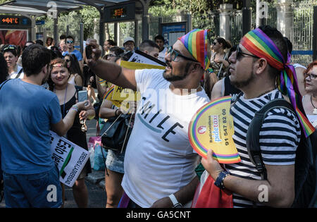 Madrid, Spain, 2nd July 2016.  People in Paseo del Prado waiting the start of Gay Pride Parade, Madrid, Spain. Enrique Davó/Alamy Live News. Stock Photo