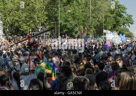 Madrid, Spain, 2nd July 2016.  People in Paseo del Prado waiting the start of Gay Pride Parade, Madrid, Spain. Enrique Davó/Alamy Live News. Stock Photo