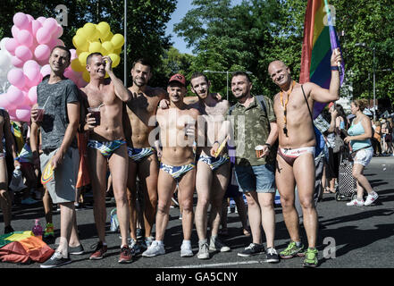 Madrid, Spain, 2nd July 2016.  People in Paseo del Prado waiting the start of Gay Pride Parade, Madrid, Spain. Enrique Davó/Alamy Live News. Stock Photo