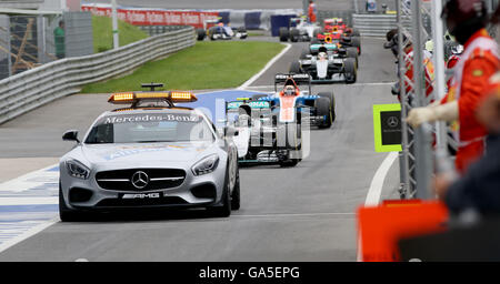 Spielberg, southern Austria. 3rd July, 2016. Race cars driving behind the safety car through the pit lane at the Formula One Grand Prix, at the Red Bull Ring in Spielberg, southern Austria, Sunday, July 3, 2016. Lewis Hamilton pushed past Mercedes teammate Nico Rosberg on the final lap to win the Austrian Grand Prix on Sunday. Max Verstappen in a Red Bull was second and Kimi Raikkonen of Ferrari was third. Credit:  dpa picture alliance/Alamy Live News