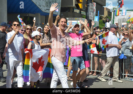 Another first for Canadian Prime Minister Justin Trudeau, marching at The Toronto Gay Pride Parade on Sunday July, 3, 2016, he was joined by about one million other Canadians who came downtown to celebrate. Credit:  Gregory Holmgren/Alamy Live News