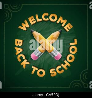 Welcome Back to School type and yellow pencils on green chalkboard. Vector illustration. Stock Vector