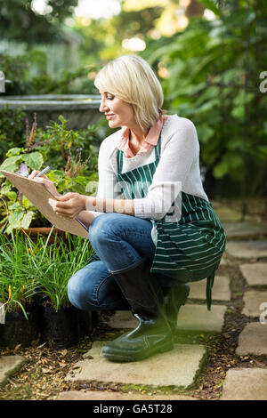 Mature woman examining plants Stock Photo