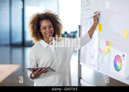 Portrait of woman writing on whiteboard while holding tablet Stock Photo
