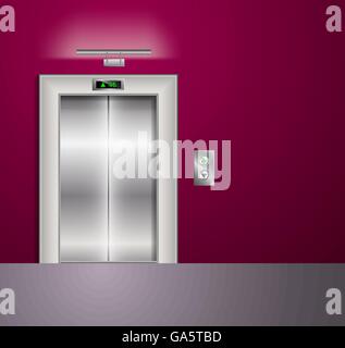 Open and Closed Modern Metal Elevator Doors. Hall Interior in vinous Colors Stock Vector