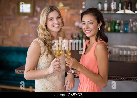 Portrait of two women toasting a glass of champagne Stock Photo