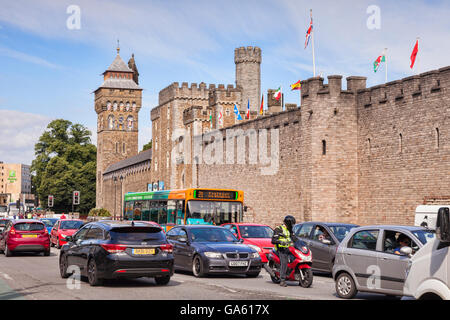 27 June 2016: Cardiff, Wales, UK - Traffic alondgside Cardiff Castle, Cardiff, Wales, UK Stock Photo