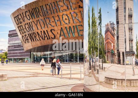 27 June 2016: Cardiff, Wales - Roald Dahl Plass with the Wales Millennium Centre and the Water Tower, Cardiff, Wales, UK Stock Photo